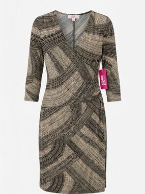 9 & Co. Beige and Black Faux-Wrap Midi Dress